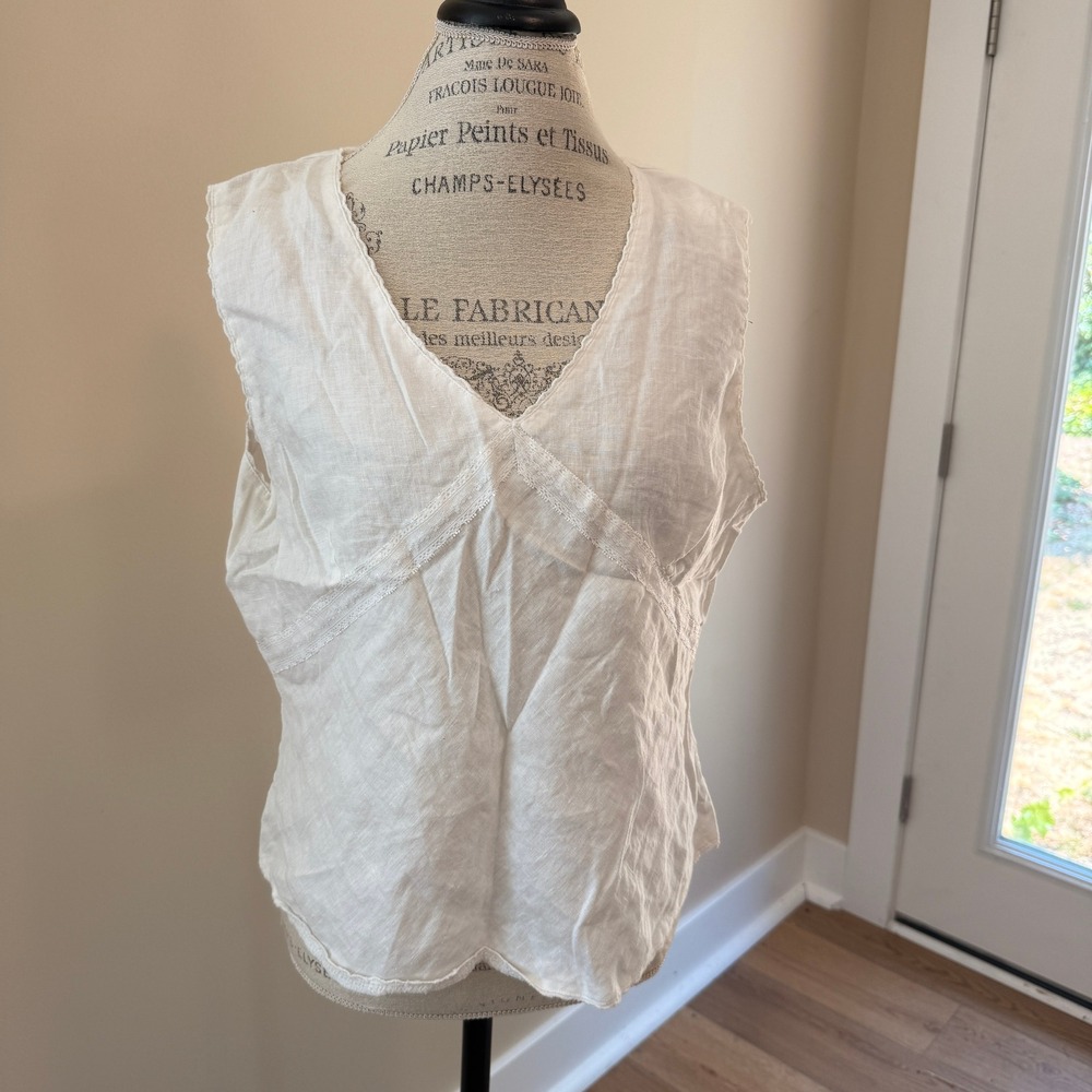 Ishyu Women's White Linen Sleeveless Shirt Size XL